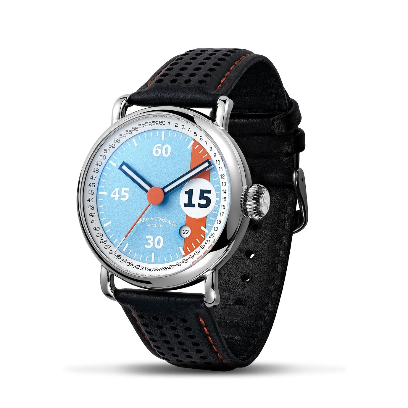 Ferro Watches PISTA Vintage style race watch Blue and Orange Ferro Company Watches