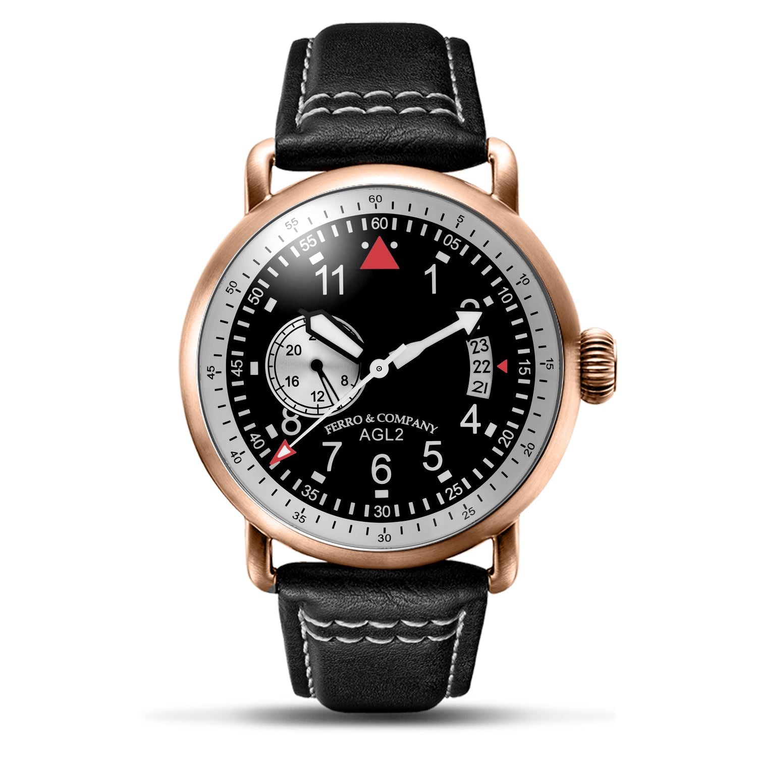 Ferro Watches AGL 2 Vintage style Pilot Watch Black 24H Rose Gold - Ferro &amp; Company Watches