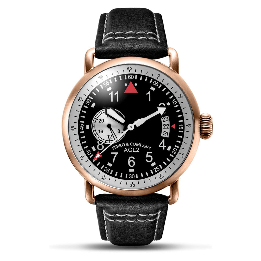 Ferro Watches AGL 2 Vintage style Pilot Watch Black 24H Rose Gold - Ferro & Company Watches