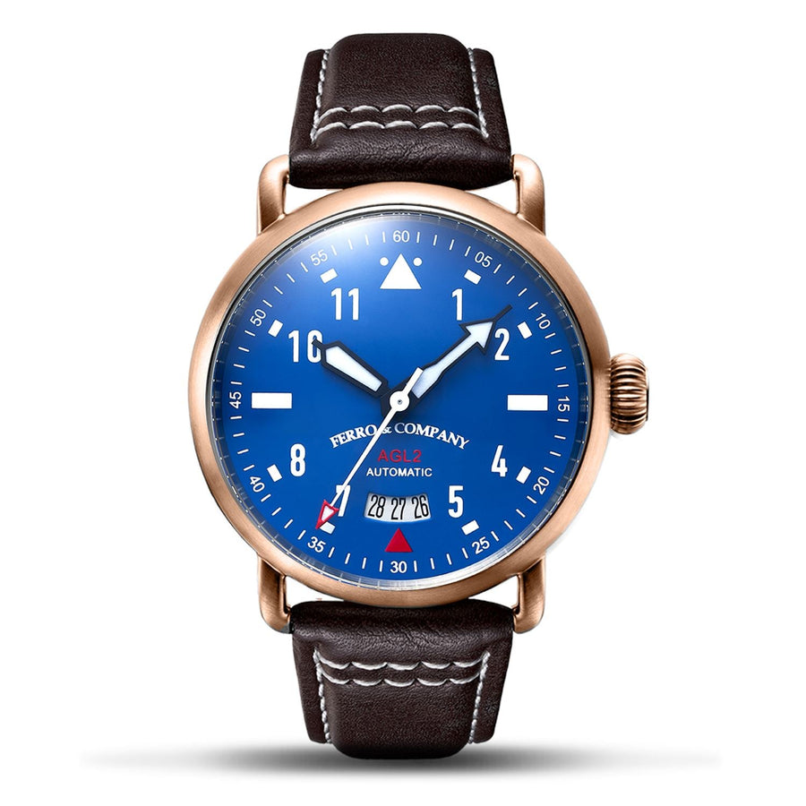 Ferro Watches AGL 2 Vintage style Pilot Watch Blue Rose Gold - Ferro & Company Watches