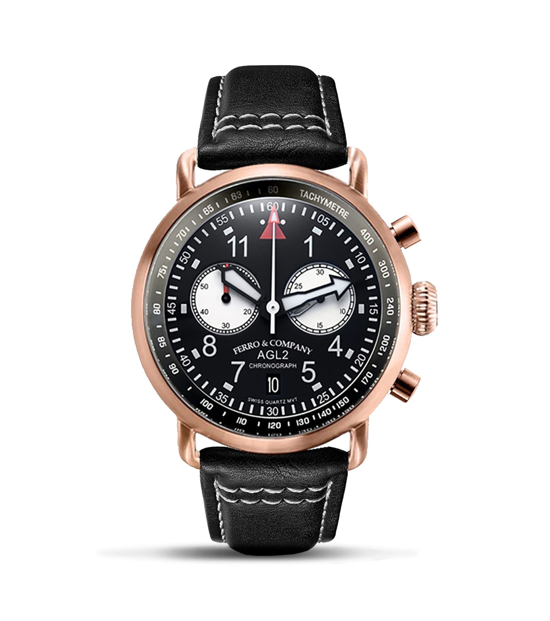 Ferro Watches AGL 2 Vintage style Pilot Watch Chronograph All Black Rose Gold - Ferro &amp; Company Watches