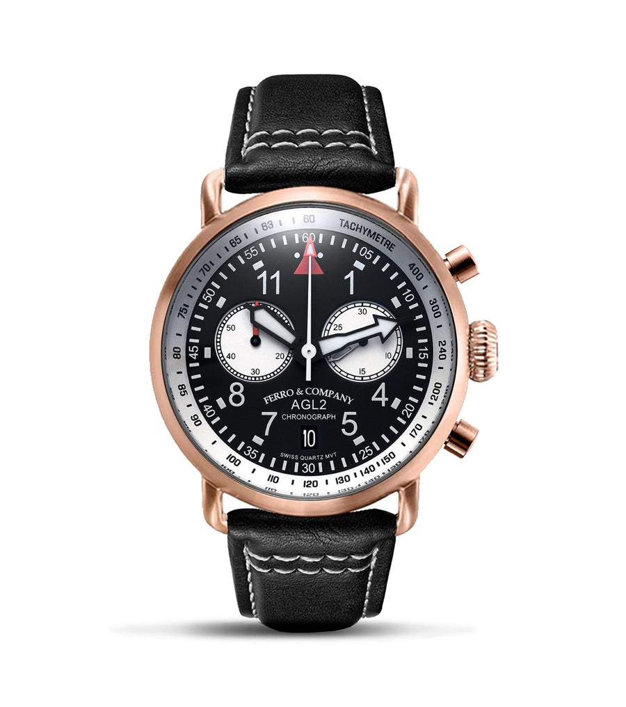 Ferro Watches AGL 2 Vintage style Pilot Watch Chronograph Black / White Rose Gold - Ferro & Company Watches