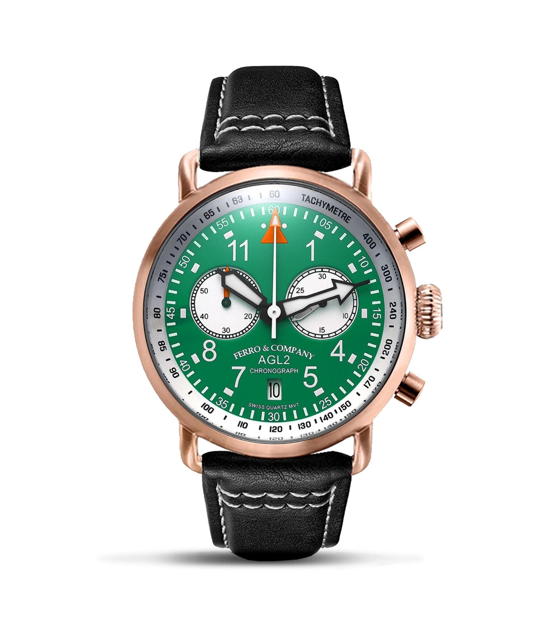 Ferro Watches AGL 2 Vintage style Pilot Watch Chronograph Green Rose Gold - Ferro & Company Watches