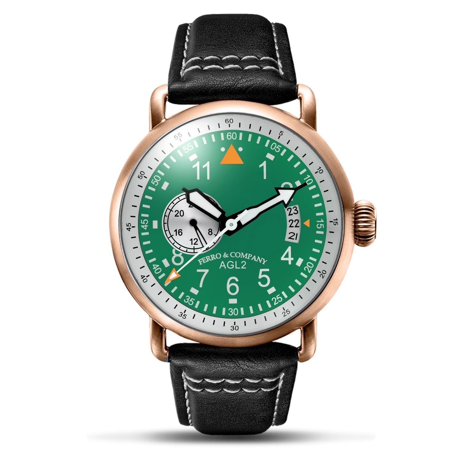 Ferro Watches AGL 2 Vintage style Pilot Watch Green 24H Rose Gold - Ferro &amp; Company Watches